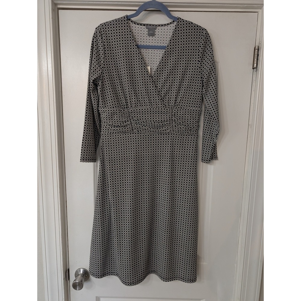 Ann‎ Taylor Black White Geometric Print V Neck Long Sleeve Midi Dress 6 NWTs